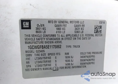 2014 Chevrolet Express 2500 Work Van z USA, uszkodzony, nr VIN 1GCWGFBA5E1175862